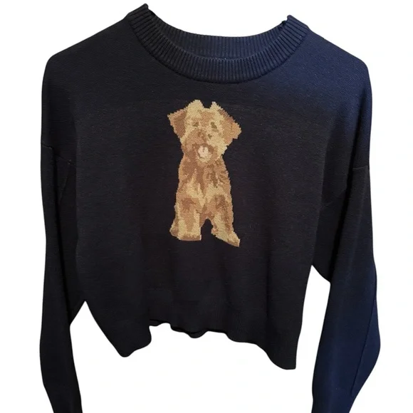 Pink Rose Dog Graphic Sweater L Navy Knit Pullover Cute Cropped Cozy - Picture 2 of 5
